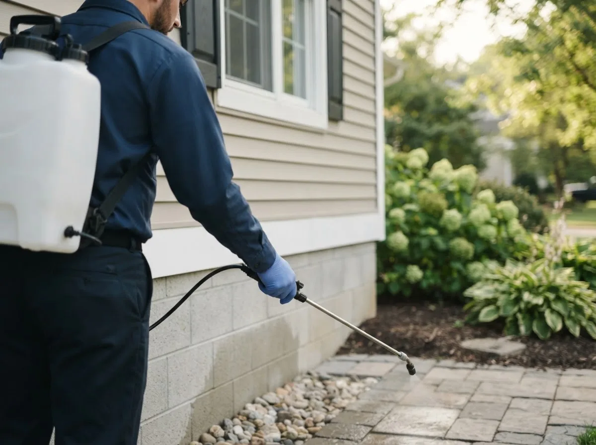 Pest control technician inspecting a home in Randolph, ME